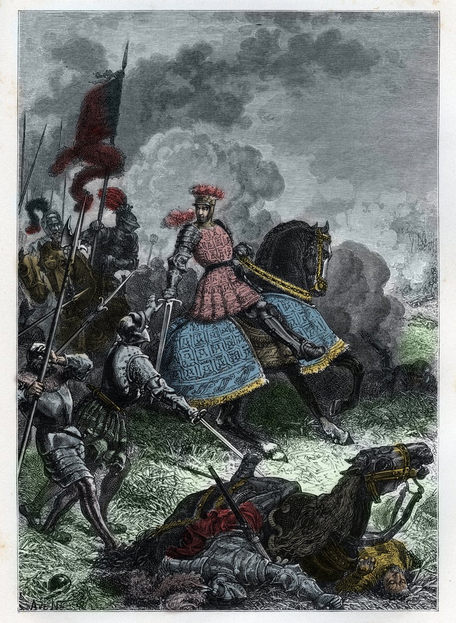 Ludwik XII w bitwie pod Agnadel koło Cremy w Lombardii wygranej przez króla nad Wenecjanami 14 maja 1509 - Bitwa pod Agnadello - Ludwik XII pokonuje Wenecjan - rycina z „L