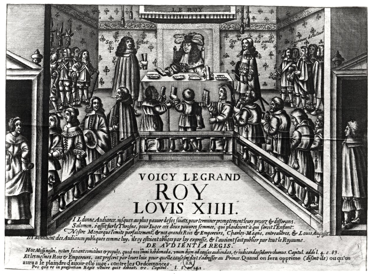 Ludwik XIV (1638-1715) wymierzający sprawiedliwość (ksylograf) (fot. bw) autorstwa French School
