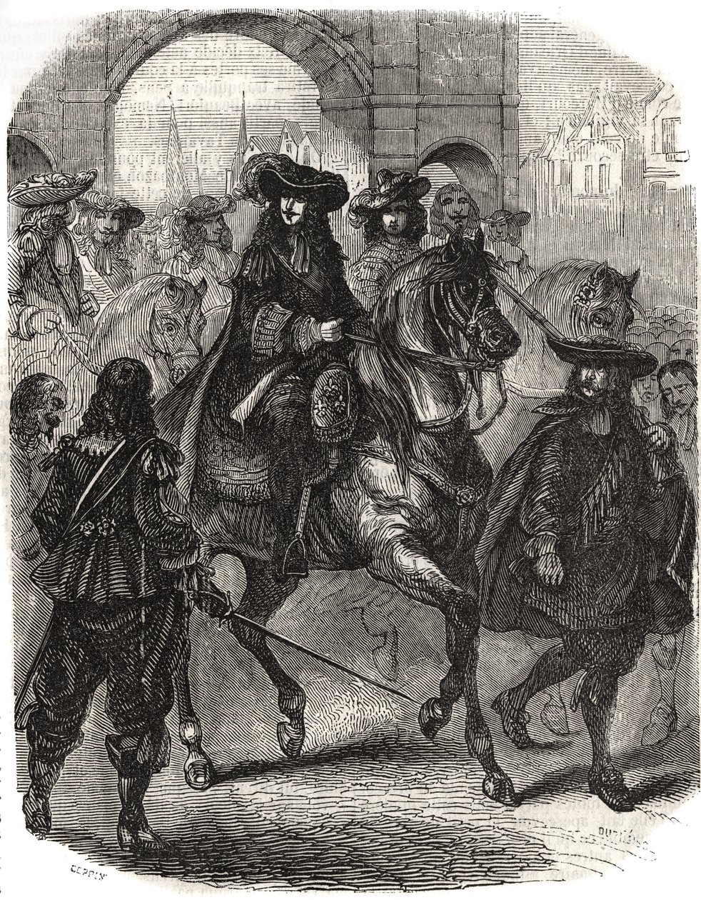 Ludwik XIV (1638-1715) i jego żona Marie Therese (Marie-Therese) z Austrii (1638-1683) wkroczyli do Paryża w 1660 roku. Grawerowanie w „”Histoire de France”” L.-P. Anguetil autorstwa French School