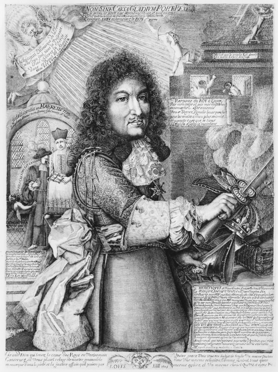 Ludwik XIV (1638-1715) miażdżący mieczem tzw. religię protestancko-reformowaną, 1685 autorstwa French School