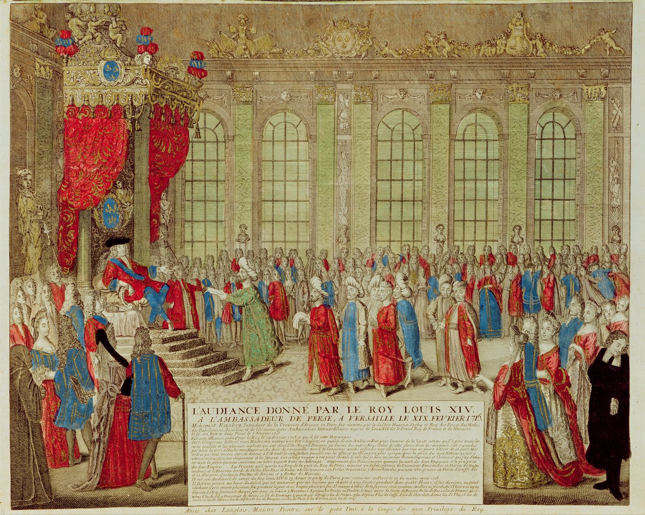 Ludwik XIV (1638-1715) odbiera perskiego ambasadora Mohammeda Rezę Bega w Galerie des Glaces w Wersalu, 19 lutego 1715 autorstwa French School