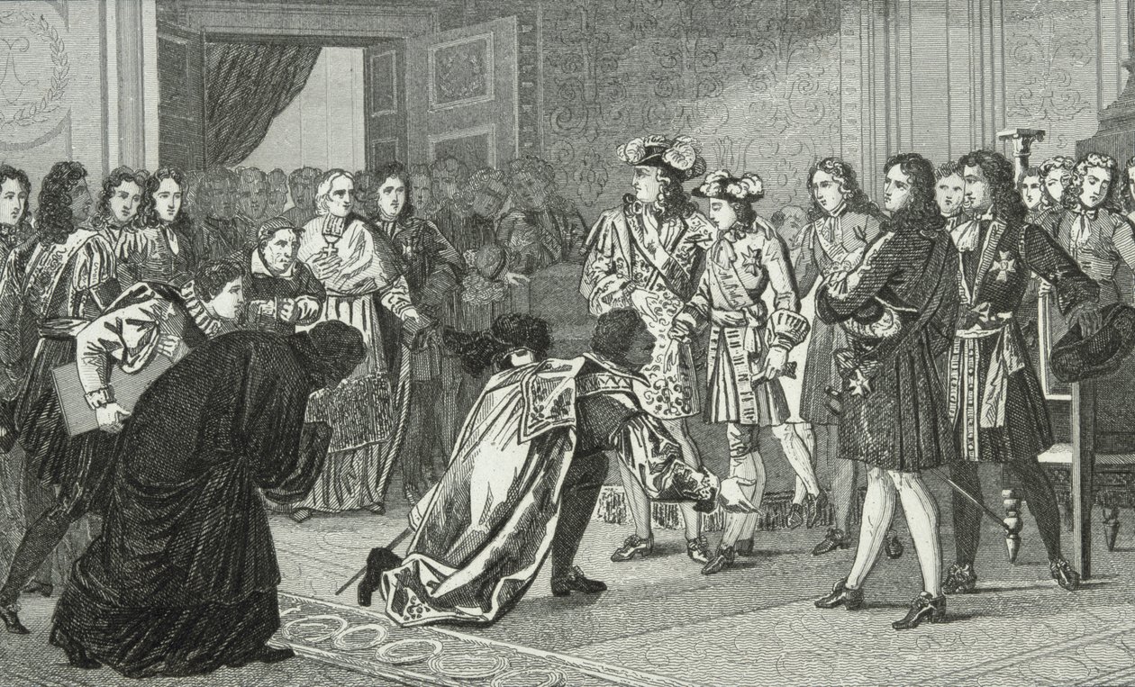 Ludwik XIV (1638-1715) Król Słońce przedstawia posłom hiszpańskim swego wnuka Filipa V (1683-1746) z „Histoire de France” Colarta, wydanej ok. 1840 r. autorstwa French School