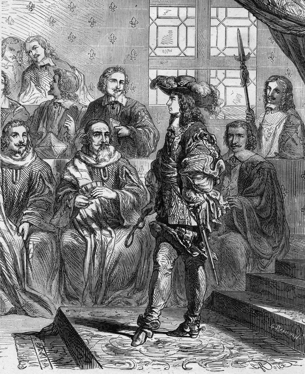 Ludwik XIV (1638-1715) miał 17 lat w 1652 roku przed parlamentem i zmusił prezydenta do rozwiązania zgromadzenia. Grawerowanie w „” Histoire De France En Cent Paintings autorstwa Paula Lehugeura „” 1891. autorstwa French School