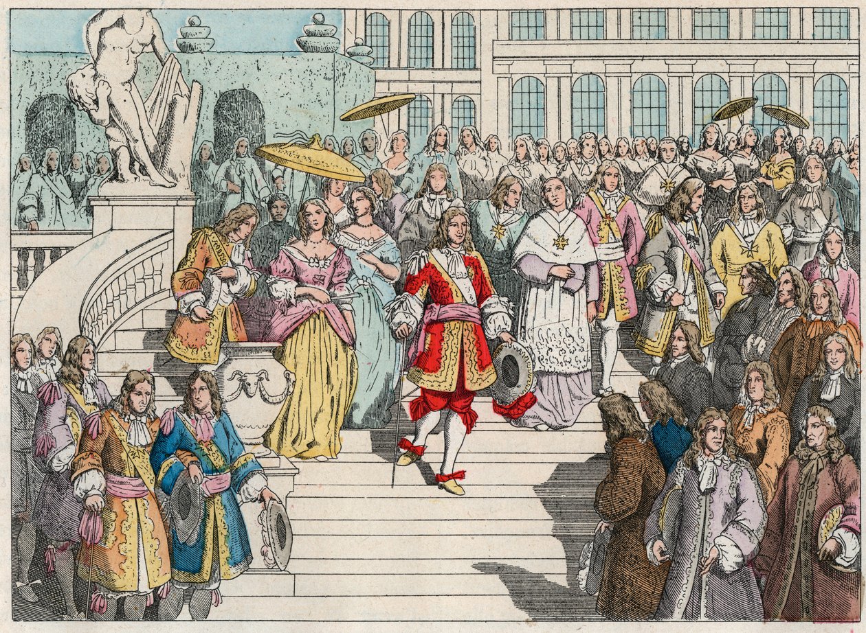 Ludwik XIV (Ludwik 14) i jego dwór w Wersalu - Ludwik XIV z Francji i jego dwór w Wersalu - Rycina z końca XIX wieku w „”Nos Gires Nationales – Images et recits”” autorstwa French School