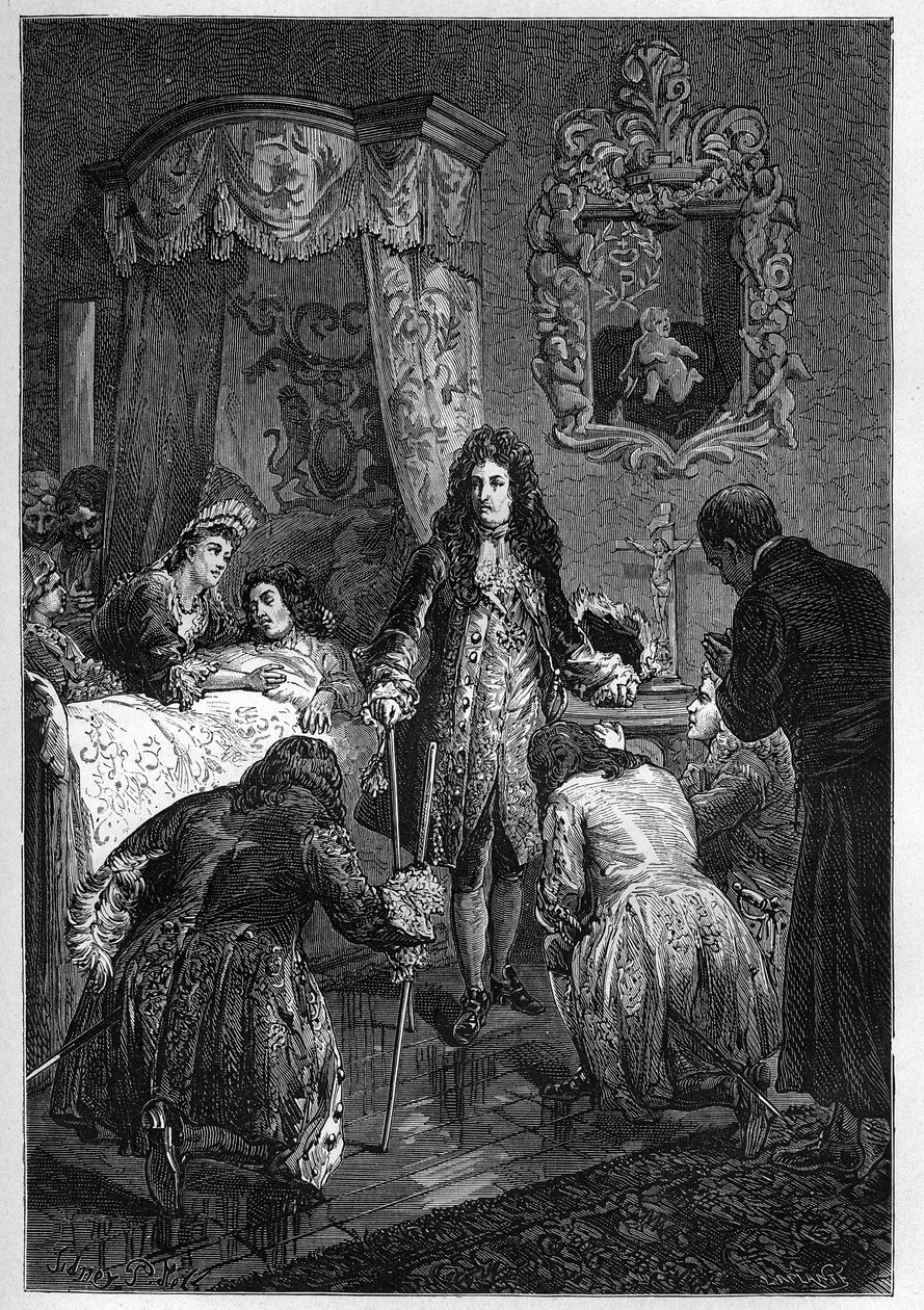 Ludwik XIV odwiedza Jakuba II na łożu śmierci - Wizyta Ludwika XIV króla Francji u Jakuba II Anglii (James II Stuart) (1633-1701) umierający - grawerowanie w „Historii Anglii od czasów najdawniejszych” autorstwa Francois Guizot 1877 autorstwa French School