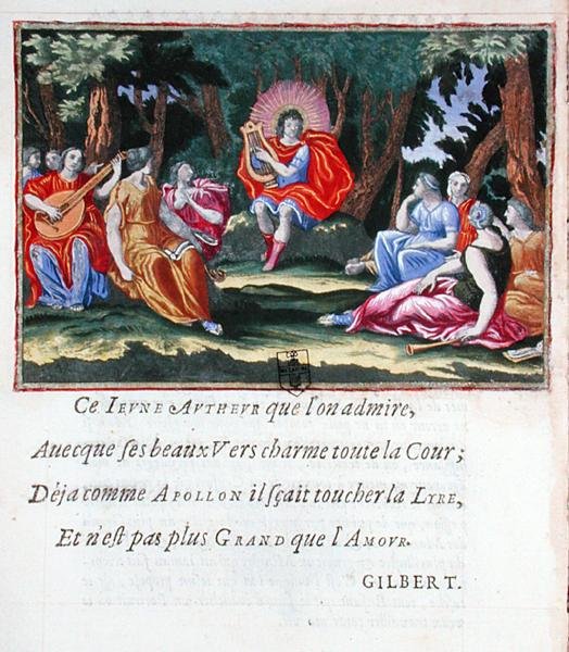 Ludwik XIV jako Apollo z dziewięcioma muzami, z „La Lyre du jeune Apollon ou La Muse nasante”, zbiór wierszy Francois de Beauchateau (ur. 1645) autorstwa French School