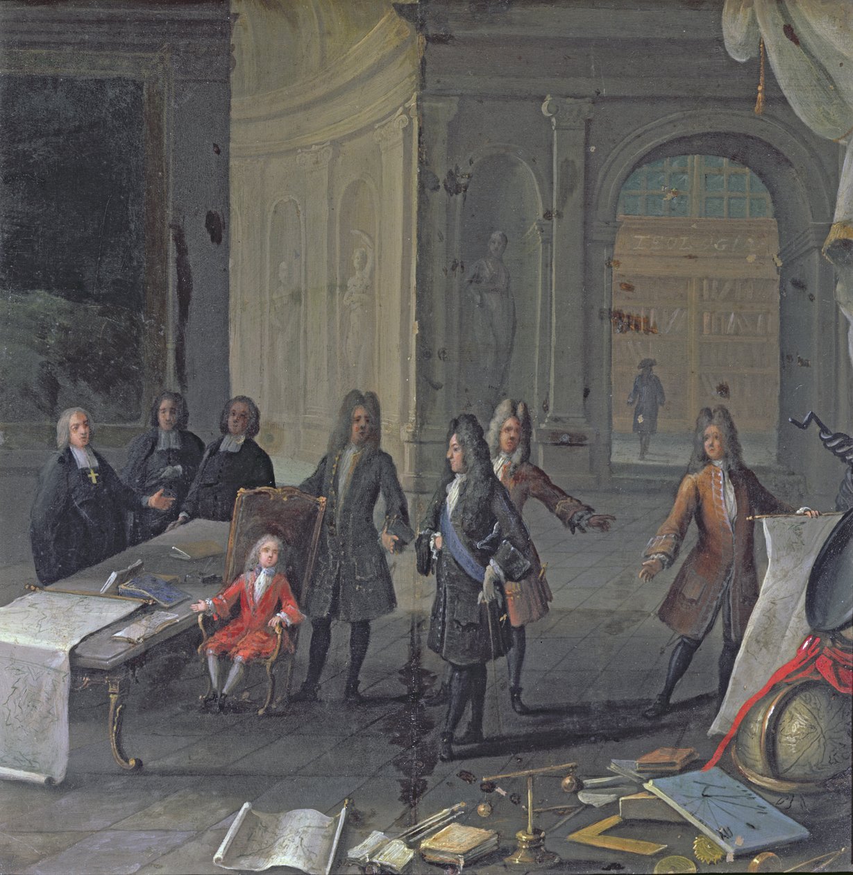 Ludwik XIV uczęszczający na lekcję swojego prawnuka, przyszłego Ludwika XV, ok. 1715 autorstwa French School
