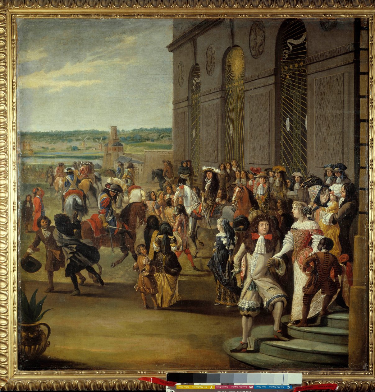 Ludwik XIV, a za nim Wielki Delfin jadący przed jaskinią Tetydy (Tetyda) w Wersalu Król Ludwik XIV (1638-1715) i jego syn Ludwik Francji zwany Wielkim Delfinem (1661-1711) przed jaskinią Tetydy (Thetys) w otoczeniu dworzan autorstwa French School