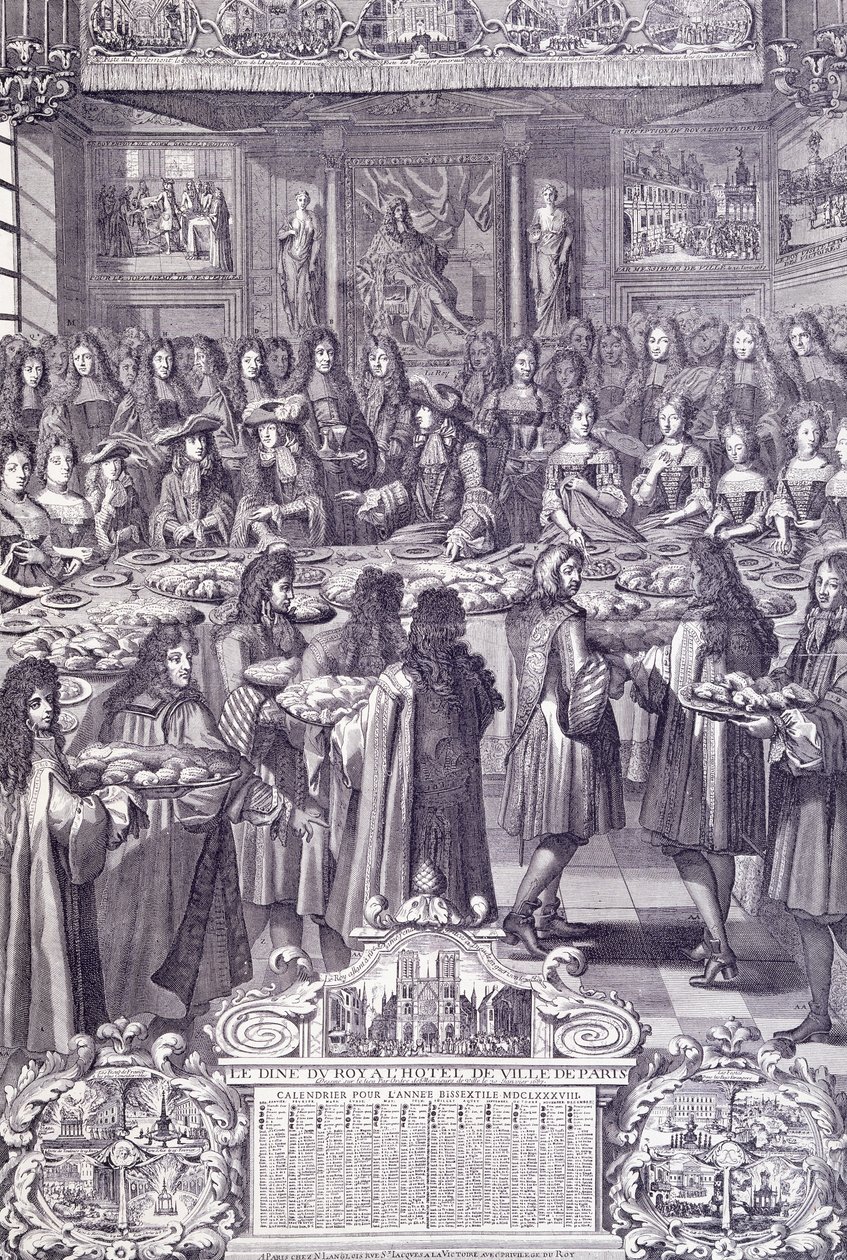 Ludwik XIV, miłość i zachwyt swego ludu, rycina z Almanacco autorstwa French School