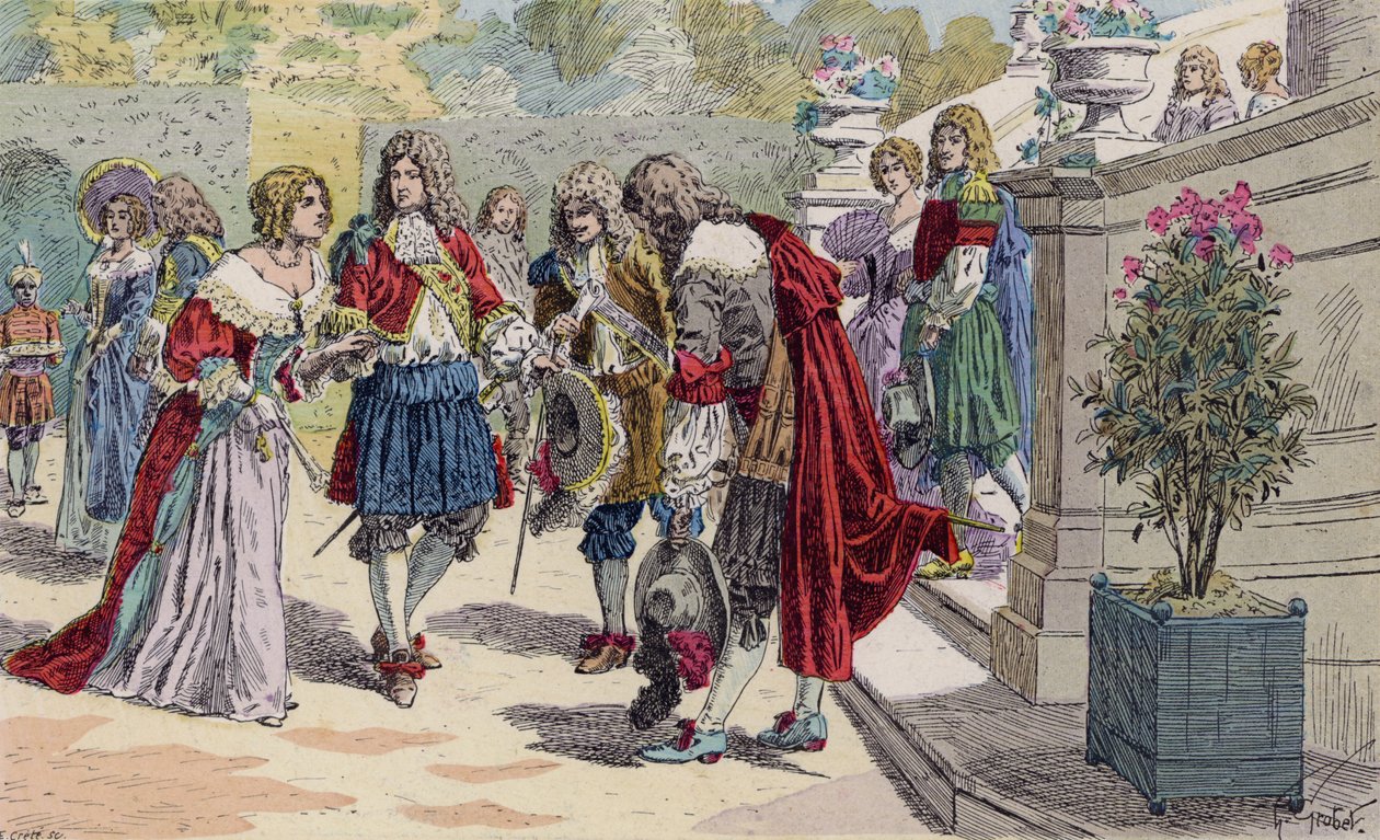 Ludwik XIV i jego dwór w Wersalu (kolorowa litografia) autorstwa French School