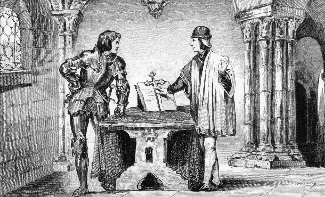 Ludwik XI (1423-83) przetrzymywany w areszcie domowym przez Karola Śmiałego (1433-77) z "Histoire de France" Colarta, wydanej ok. 1840 r. autorstwa French School