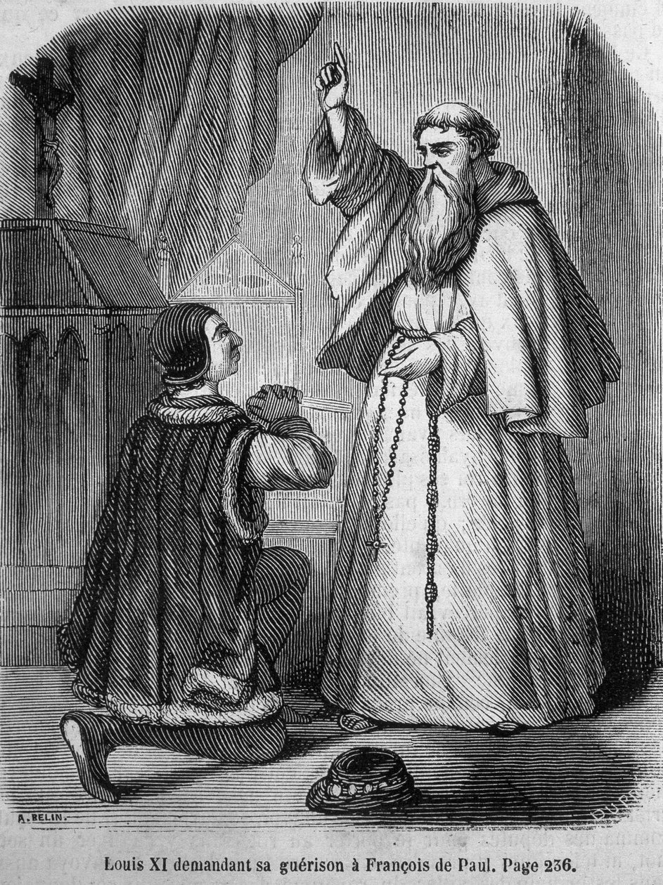 Ludwik XI prosząc o uzdrowienie François de Paule - w „Histoire de France” L.-P. Anquetil autorstwa French School