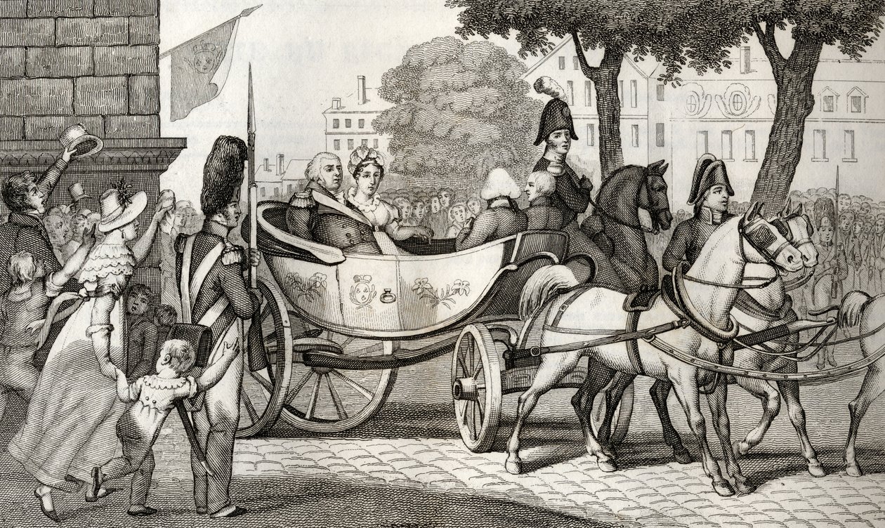 لوئس XVIII (1755-1824) په 1814 کې د بیا رغونې په وخت کې پاریس ته ننوتل، د کولارټ لخوا د "Histoire de France" څخه، c.1840 poli چاپ شو. autorstwa French School