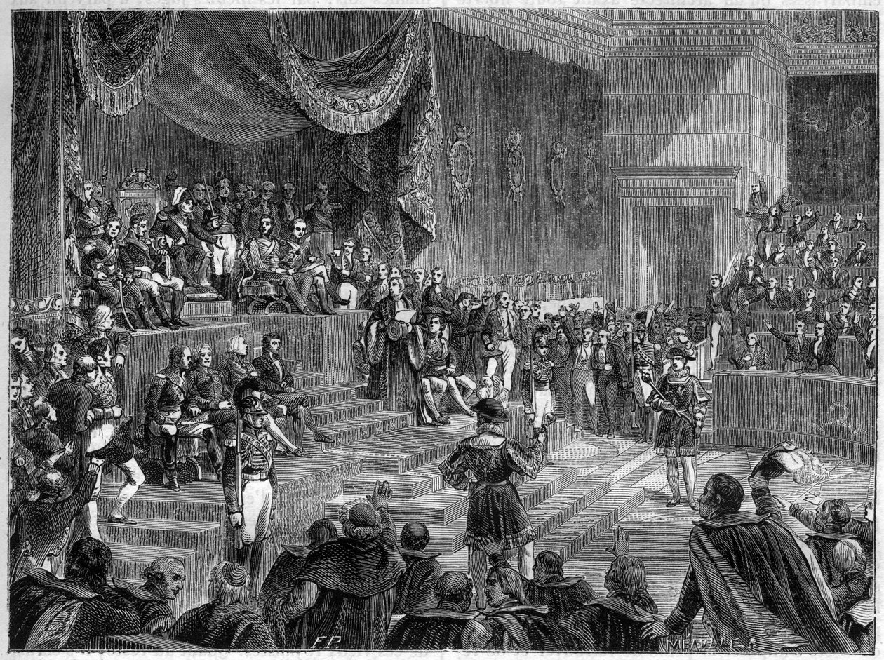 Ludwik XVIII i ustanowienie Monarchii Konstytucyjnej - Karta Konstytucyjna 4 czerwca 1814 - Ludwik XVIII przewodniczy otwarciu sesji Izb 4 czerwca 1814 w Palais Bourbon w Paryżu - w „Histoire de l