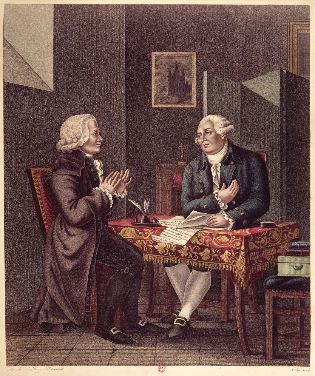 Ludwik XVI (1754-93) Czytanie swojej ostatniej woli i testamentu Guillaume de Lamoignon de Malesherbes (1721-94) w świątyni, 25 grudnia 1793 autorstwa French School
