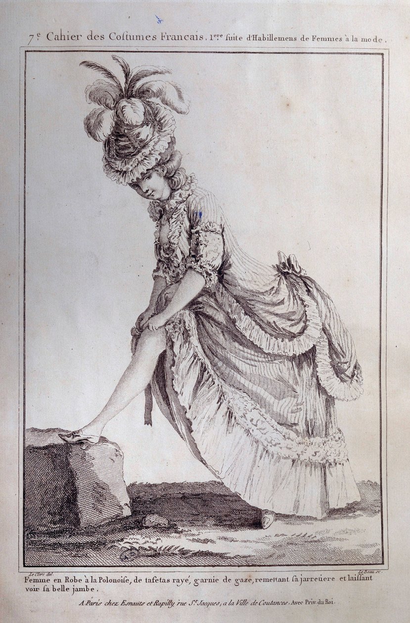 Moda Ludwika XVI: portret stopy młodej kobiety w polskiej sukience w pasiastej taftie. Rycina z 1778 r. Paryż, sztuka dekoracyjna autorstwa French School