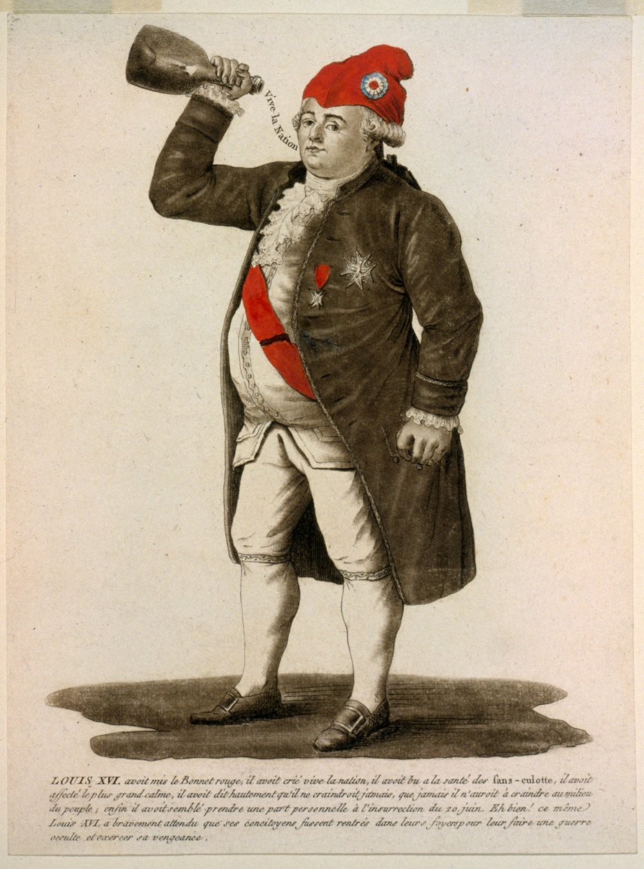 Ludwik XVI w czerwonej czapce, wołający „Niech żyje naród”, pub 1792 (akwaforta ręcznie kolorowana) autorstwa French School
