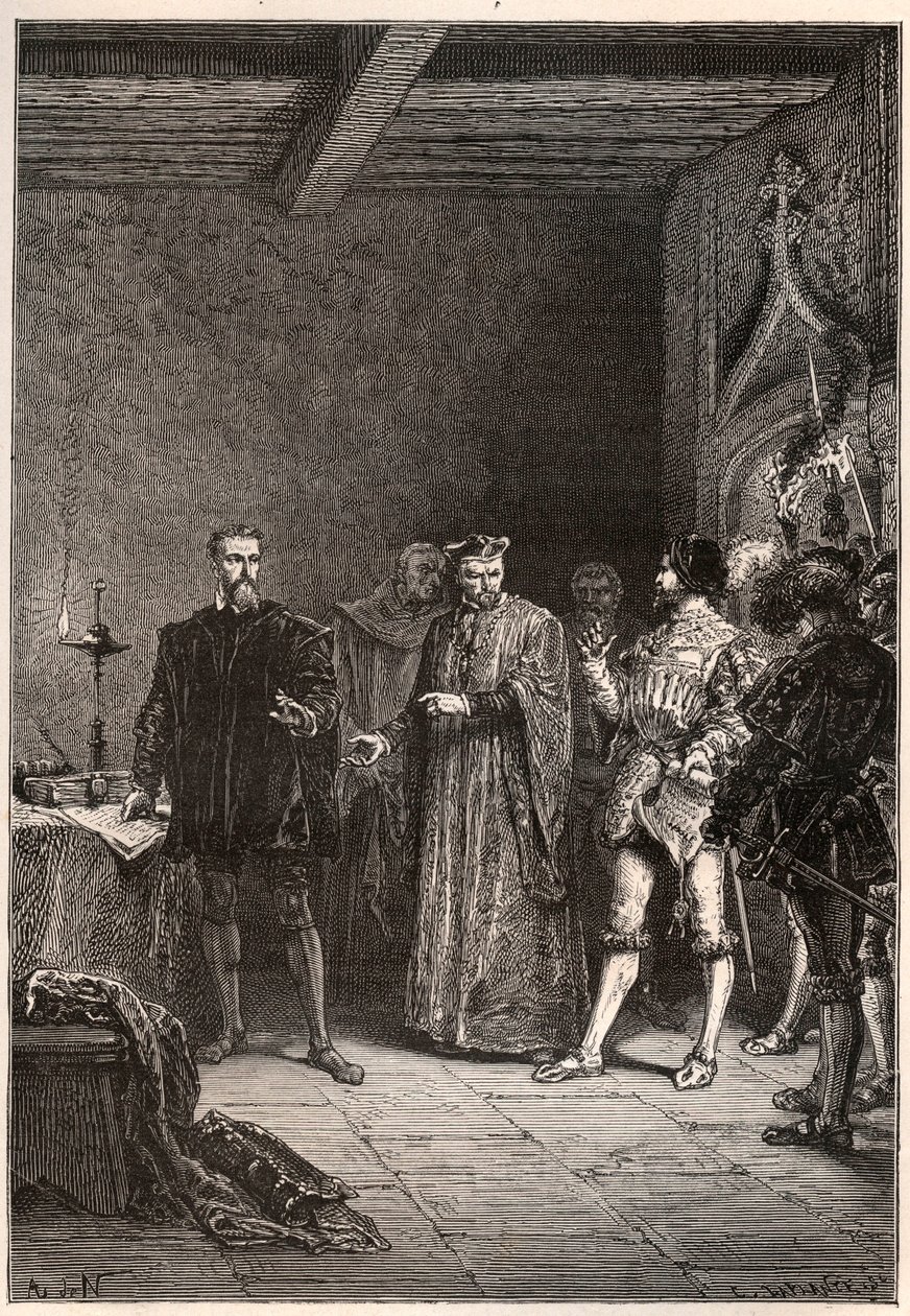 Ludwik de Berquin (1485-1529), rycerz i humanista, reformator religijny, wyzwolony przez Jeana de la Barre (1523-1533) prevot de Paris - Louis de Berquin (z lewej) zwolniony z więzienia przez Jana de la Barre - rycina z „” Historia Francji opowiedziana moj autorstwa French School