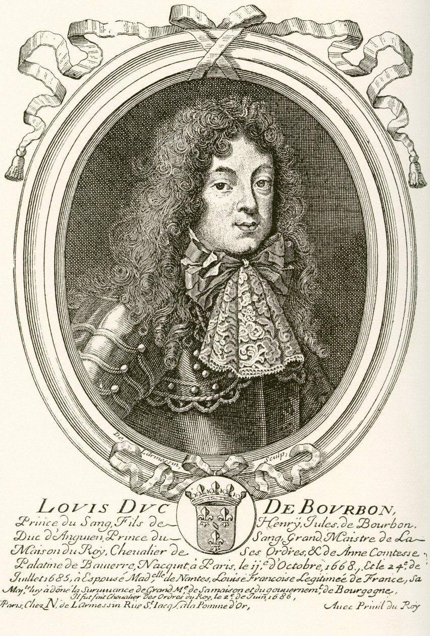 Louis de Bourbon, książę Condé, 1668 - 1710. Książę krwi na dworze francuskim Ludwika XIV. Z Les Heures Libres opublikowanego w 1908 roku. autorstwa French School