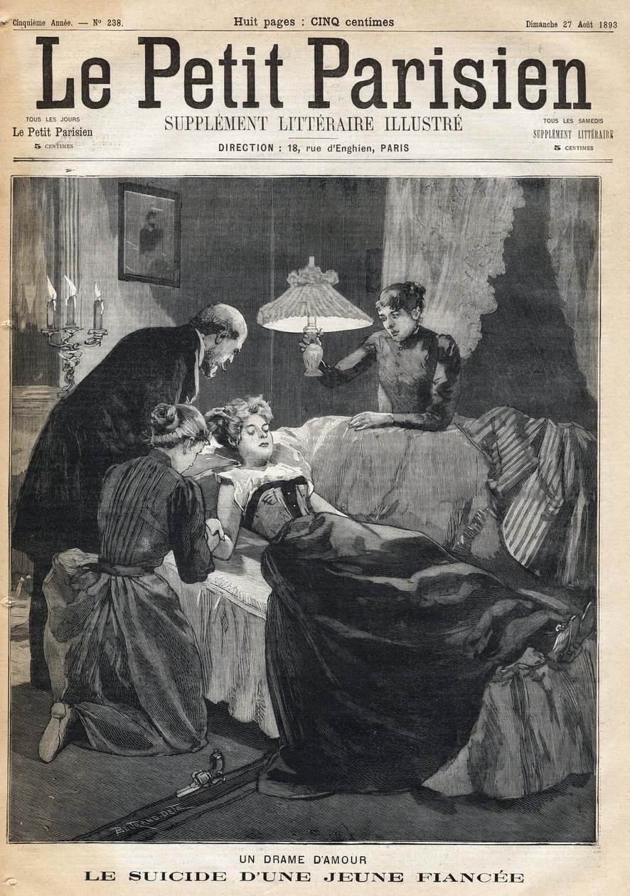 Dramat miłosny: samobójstwo 17-letniej narzeczonej po śmierci jej męża. Jedna z gazet „Le petit Parisien”” 27.08.1893 (rycina) autorstwa French School