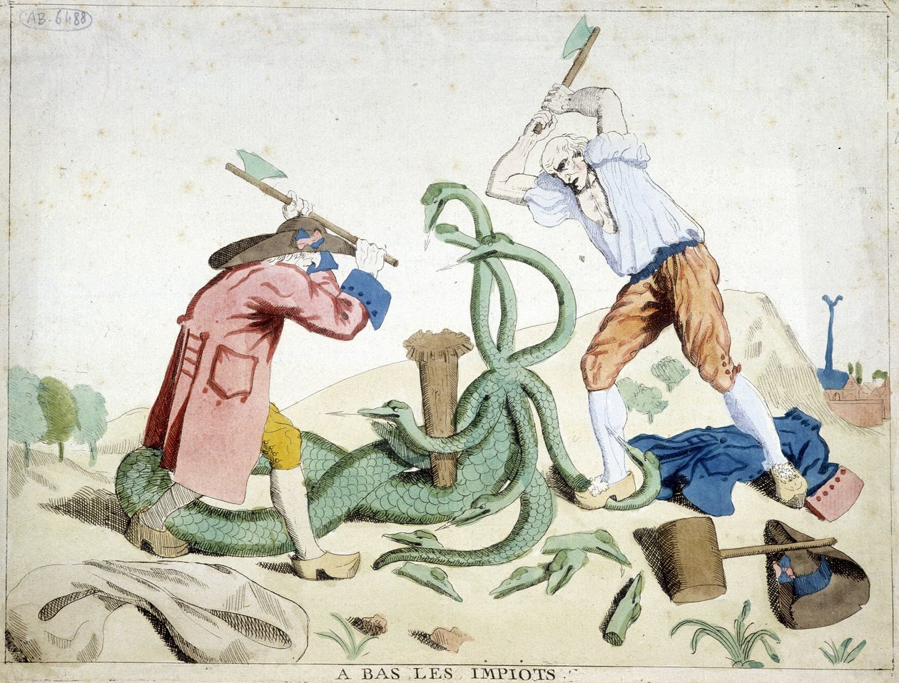 Niskie podatki: trzecie państwo pokonuje podatek – „Hydra de lerne” – karykatura rewolucyjna, ok. 1789 r. autorstwa French School