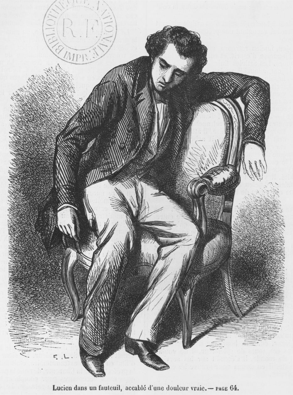 Lucien de Rubempre pogrążony w smutku, ilustracja z „Les Illusions perdues” Honore de Balzac autorstwa French School