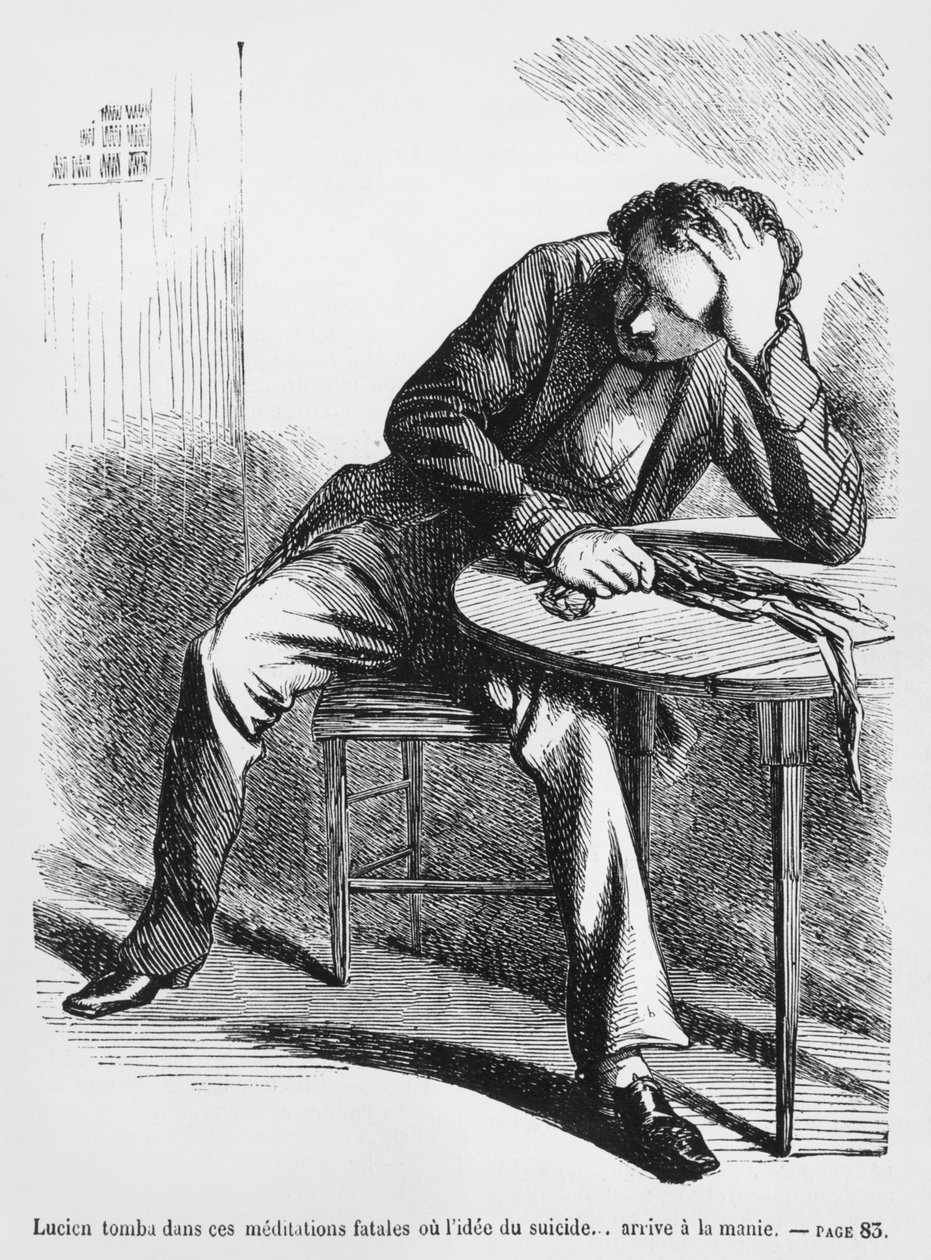 Lucien de Rubempre myślący o samobójstwie, ilustracja ze Splendeurs et Miseres des Courtisanes autorstwa Honore de Balzac, opublikowana w 1867 r. autorstwa French School
