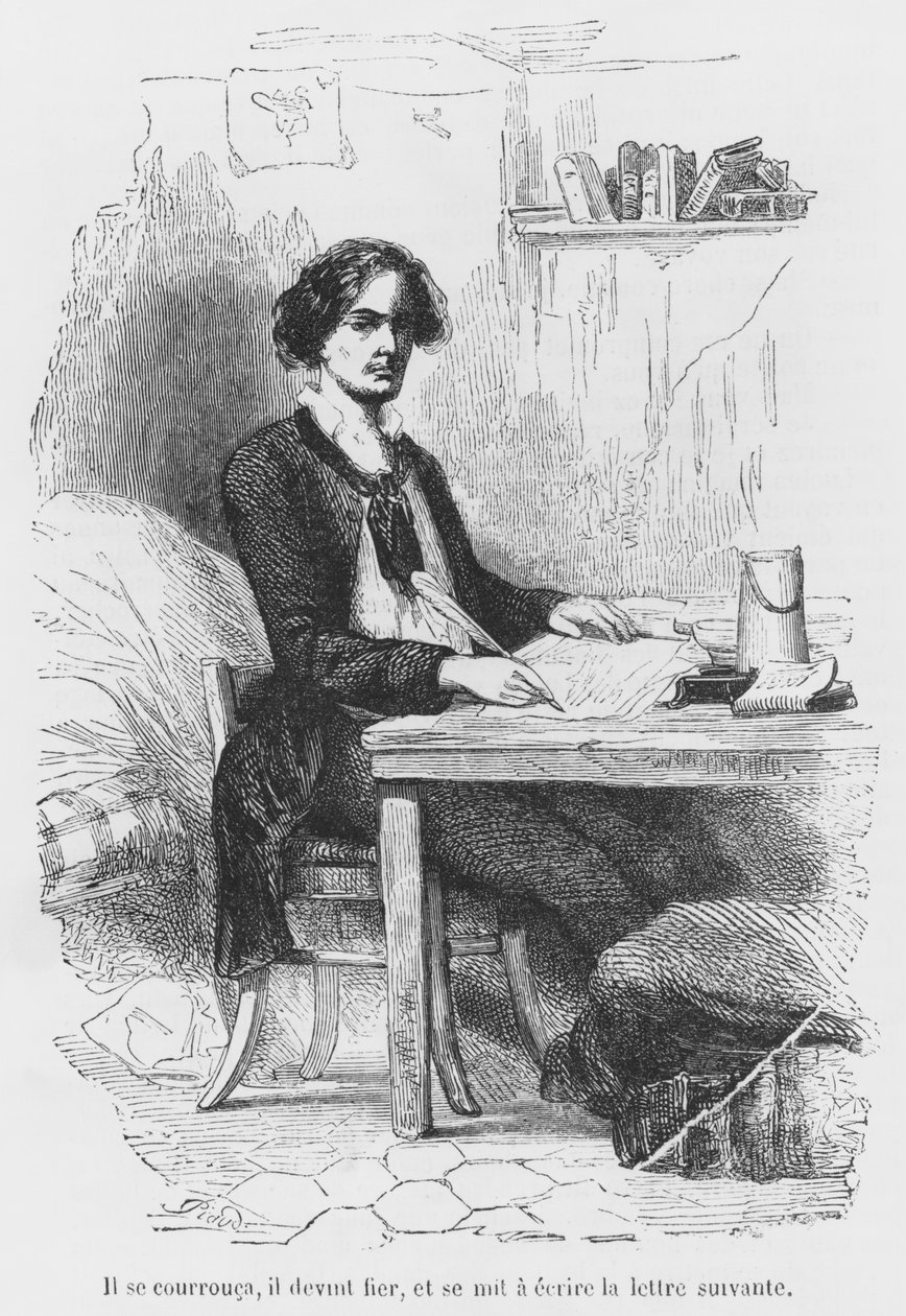 Lucien de Rubempre piszący list, ilustracja z „Les Illusions perdues” Honore de Balzac, sztychowana przez Antoine Alphee Piaud (XIX w.) autorstwa French School