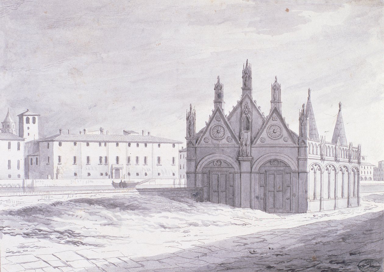 Lungarno, Santa Maria della Spina, Piza (pióro i atrament na papierze) autorstwa French School