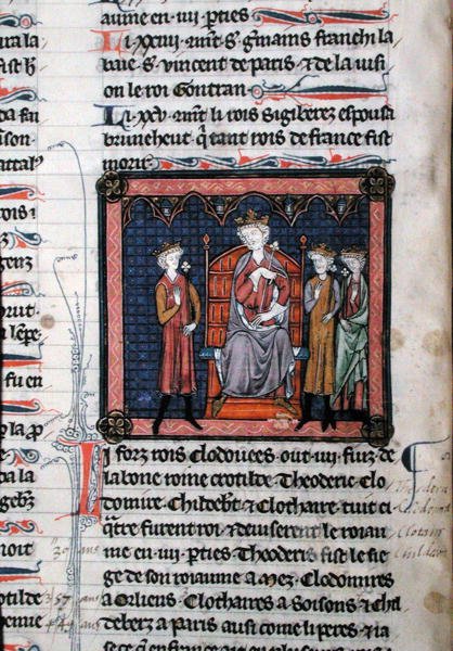 MS.782 Childeryk II (ok. 650-675), Klodomir (ok. 495-524) i prawdopodobnie Teodoryk, reprezentowany jako pod ochroną króla Clotaire I (ok. 497-561), siedzący na tronie, miniatura z Chroniques de Saint-Denis (welin) autorstwa French School