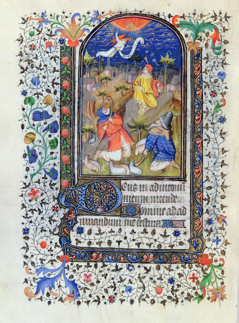 MS 1278 fol.106v Zwiastowanie pasterzom, z Heures a lusage de Troyes, przez Pracownię Mistrza Godzin Rohanu, ok. 1413-20 autorstwa French School