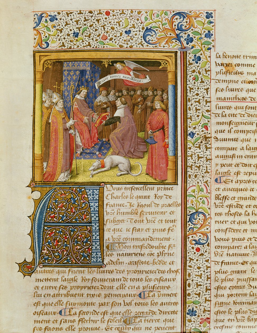 MS 246 f.1r Raoul de Presles przedstawia swoje tłumaczenie Karolowi V (1338-80) z La Cite de Dieu św. Augustyna, przekład Raoul de Presles (1316-82) c.1400-50 autorstwa French School