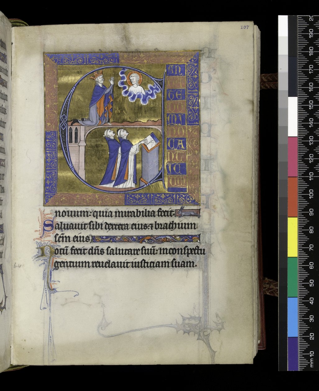 MS 300 f.107r, Dawid modli się do Boga (powyżej), dwóch kleryków (poniżej), z Psałterza i Godzin Izabeli Francuskiej, Paryż, ok. 1265-70 (pióro i tusz oraz tempera na pergaminie) autorstwa French School