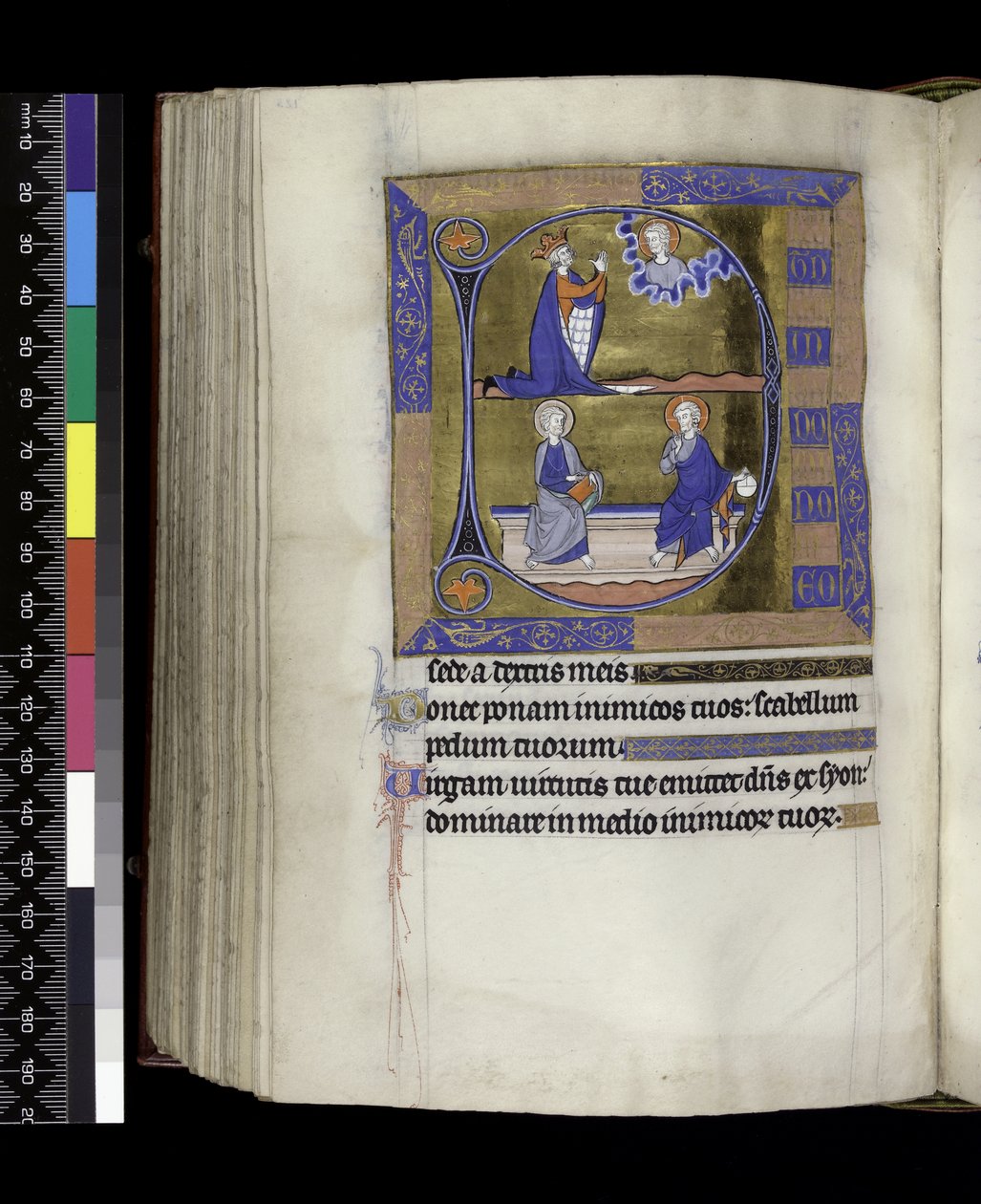 MS 300 f.125v, Dawid modli się do Boga (powyżej); Bóg z kulą i Chrystus z księgą siedzącą na ławce (poniżej), z Psałterza i Godzin Izabeli Francuskiej, Paryż, ok. 1265-70 (pióro i atrament oraz tempera na pergaminie) autorstwa French School