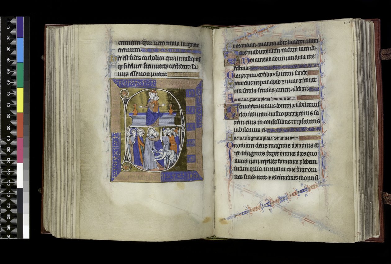 MS 300 f.177v-178r, Jutrznia, Dziewica z Dzieciątkiem siedząca między dwoma wazonami na ławce (powyżej); Zdrada Chrystusa, z Judaszem całującym Chrystusa i św. Piotrem odcinającym ucho Malchusowi (poniżej), z Psałterza i Godzin Izabeli Francuskiej, Paryż,  autorstwa French School