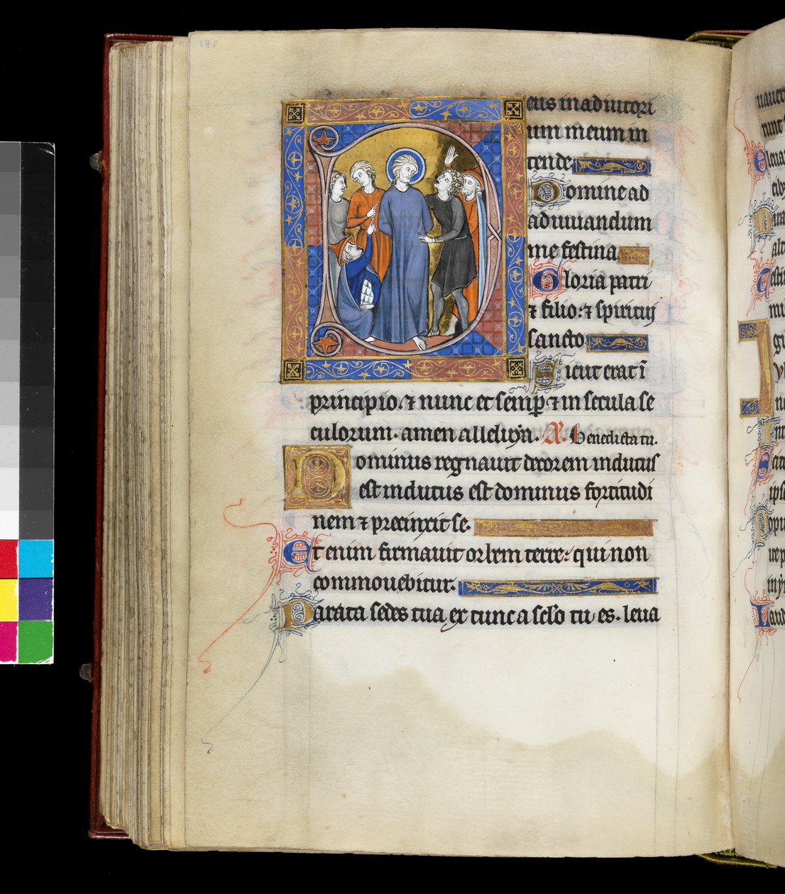 MS 300 f.191v, Naśmiewanie się z Chrystusa z Jezusem w otoczeniu oprawców, w tym dwóch mężczyzn w żydowskich czapkach, z Psałterza i Godzin Izabeli Francuskiej, Paryż, ok. 1265-70 (pióro i atrament oraz tempera na pergaminie) autorstwa French School