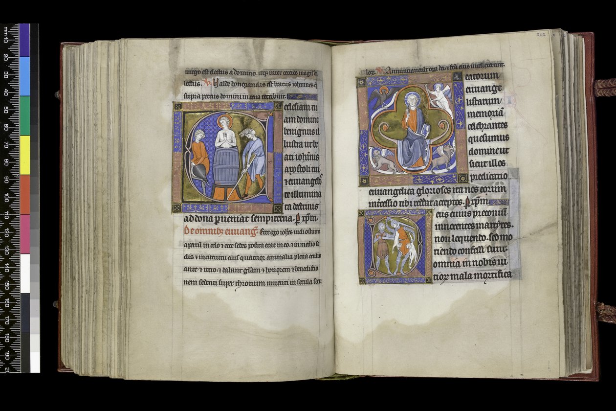 MS 300 f.201v-202r, Suffrage to St John and Suffrage to Holy Innocents, z Psałterza i Godzin Izabeli Francuskiej, Paryż, c.1265-70 autorstwa French School