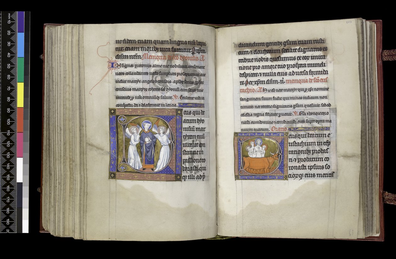MS 300 f202v-203r, Suffrage to St Denis i Suffrage to St Eustace, z Psałterza i Godzin Izabeli Francuskiej, Paryż, ok. 1265-70 autorstwa French School