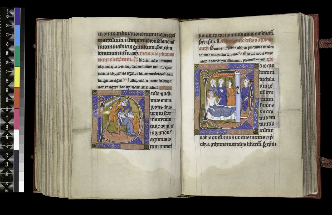 MS 300 f203v-204r, Suffrage to Męczennicy i Suffrage to St Nicholas, folio z Psałterza i Godzin Izabeli Francuskiej, Paryż, c.1265-70 autorstwa French School