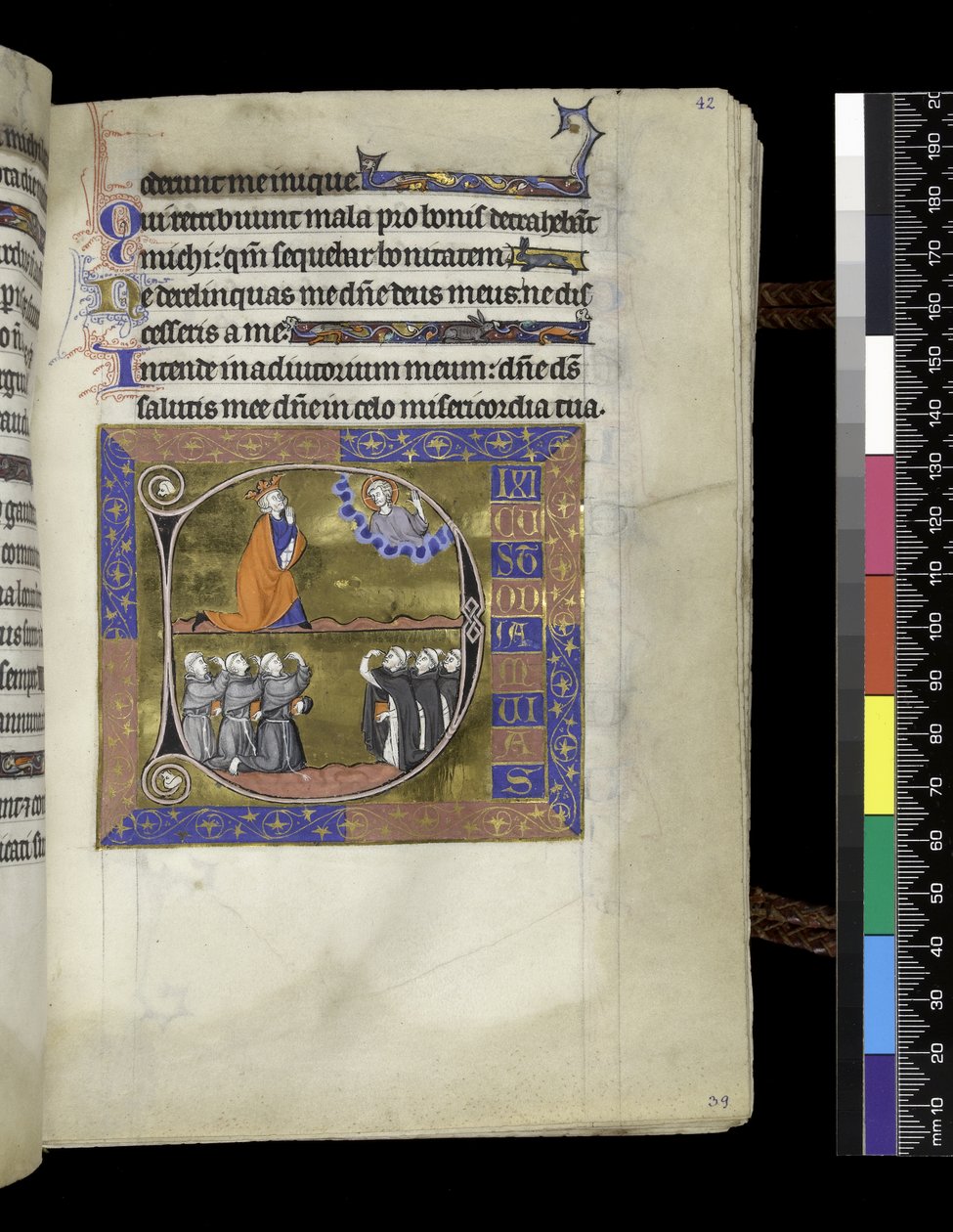 MS 300 f.42r, Dawid modli się do Boga w obłoku, z Psałterza i Godzin Izabeli Francuskiej, Paryż, ok. 1265-70 (pióro i tusz oraz tempera na pergaminie) autorstwa French School