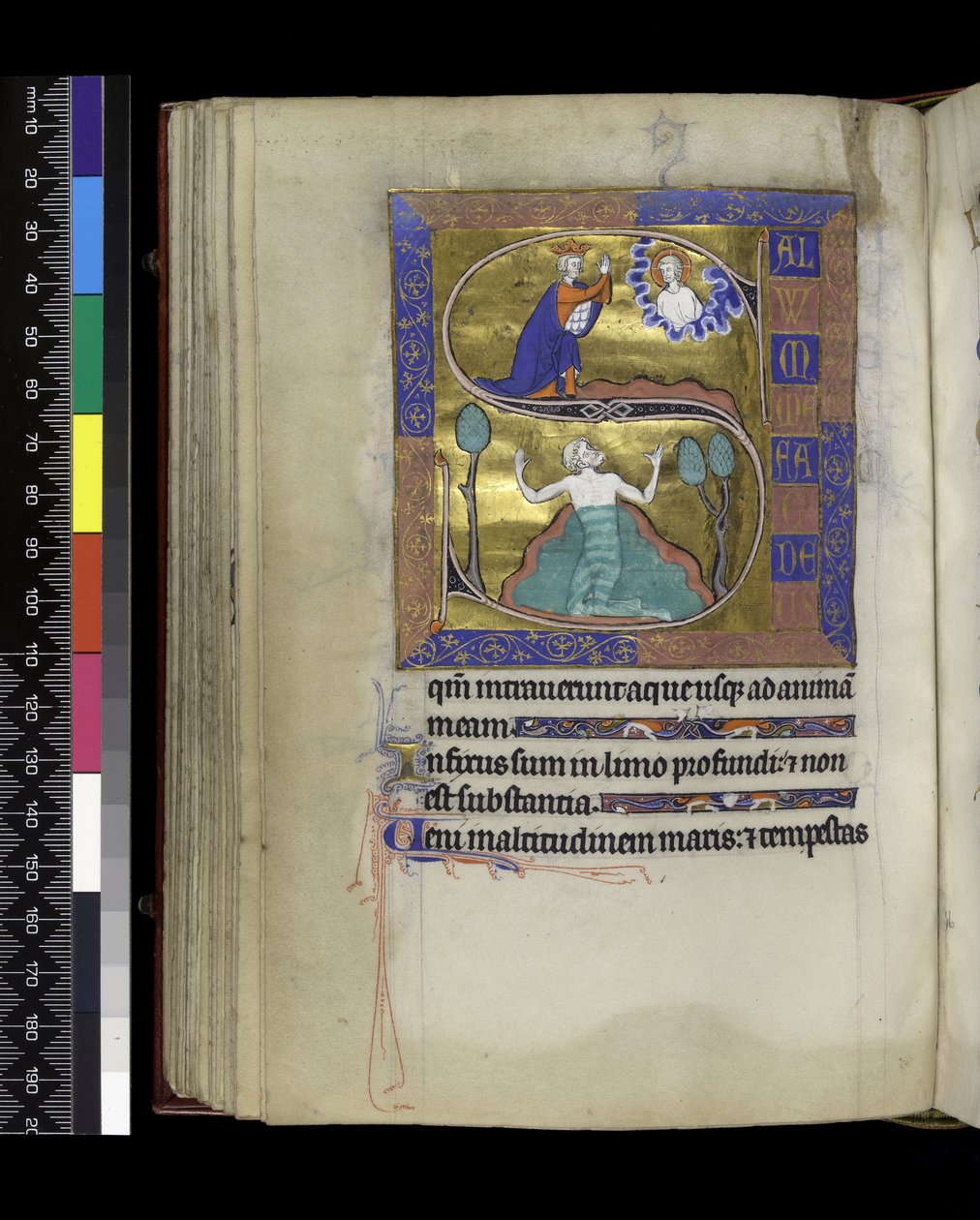 MS 300 f.70v, Dawid modli się do Boga (powyżej), Dawid tonie w wodzie (poniżej), z Psałterza i Godzin Izabeli Francuskiej, Paryż, ok. 1265-70 (pióro i tusz oraz tempera na pergaminie) autorstwa French School