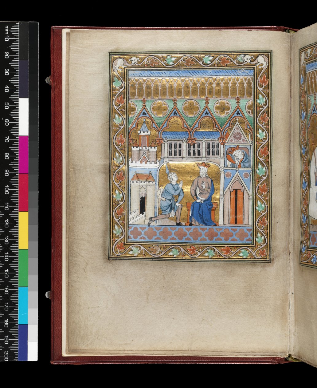 MS 300 f.IIIv, Dawid, pokazywany dwukrotnie, dowiaduje się o śmierci Absaloma, z Psałterza i Godzin Izabeli Francuskiej, Paryż, ok. 1265-70 (pióro i tusz oraz tempera na pergaminie) autorstwa French School