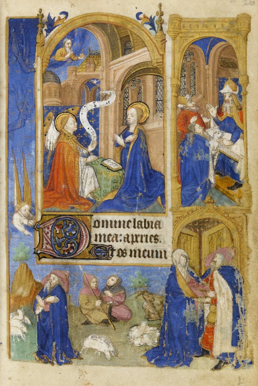 MS 39-1950 f.26r Zwiastowanie i Zwiastowanie Pasterzom, 1464 (złoty, srebrny i kolorowy tusz na pergaminie) autorstwa French School