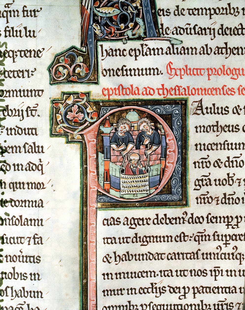 MS 3 Cz. 291v Ucieczka św. Pawła z Damaszku, iluminowana litera P, XIII w., z Biblii Avranches autorstwa French School