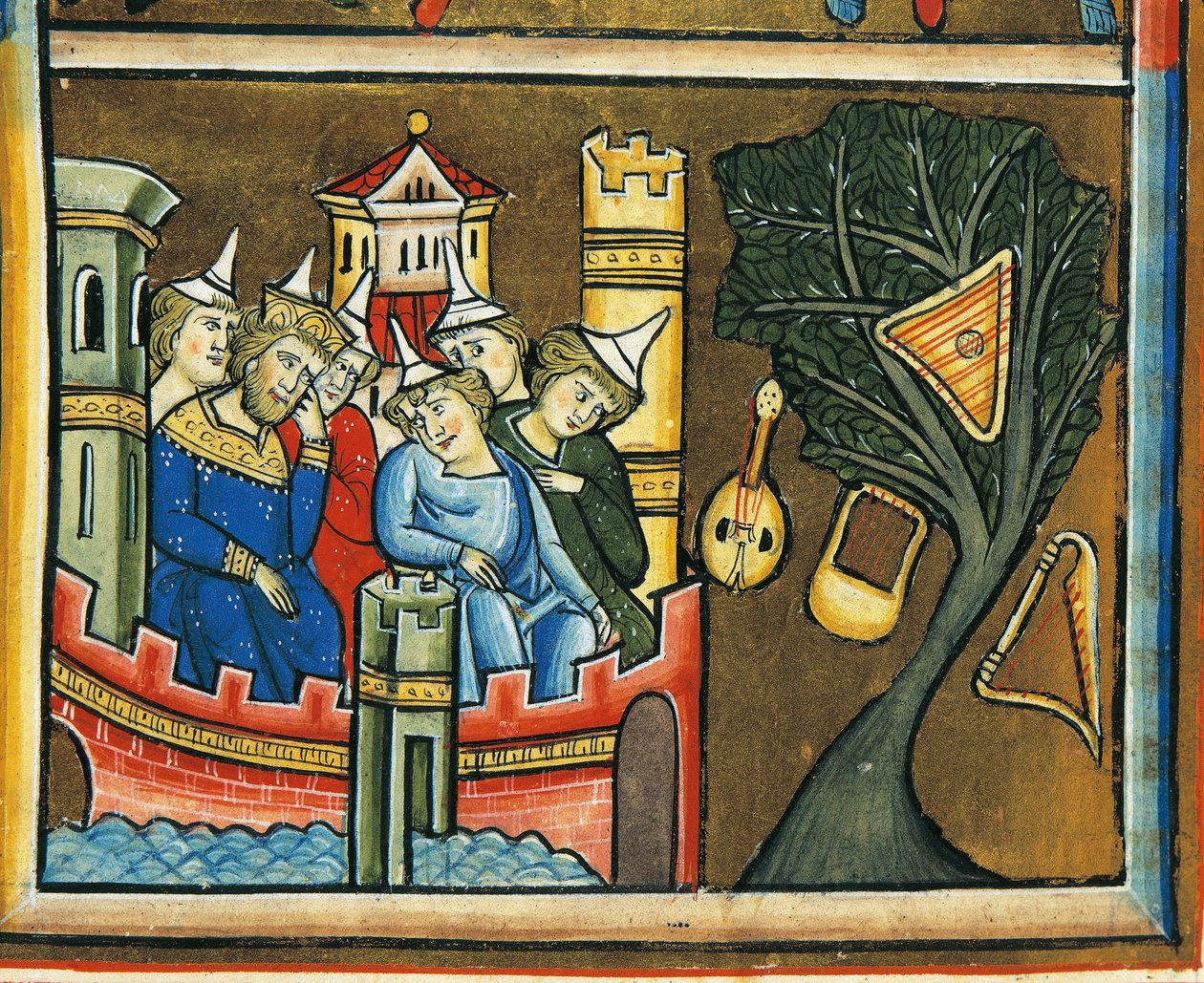 MS CXXXVII fol. 139v, Żałoba po Żydach w Babilonie, z Psałterza św. Elżbiety (tempera i złoty płatek na welinie) autorstwa French School