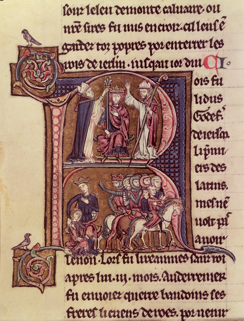 MS Fr 9081 f.99v Historyczny inicjał R przedstawiający króla Baldwina I Flandrii (1171–1205) koronowany na cesarza łacińskiego w 1204 r. i jego hojność wobec tureckiej kobiety wysyłającej swoje dziecko autorstwa French School