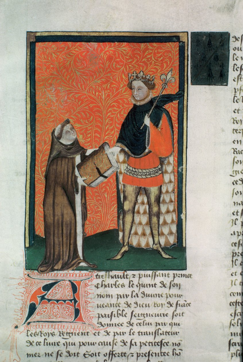 MS Hunter 8 f.9r Tłumacz Courbichon prezentujący książkę Karolowi V autorstwa French School
