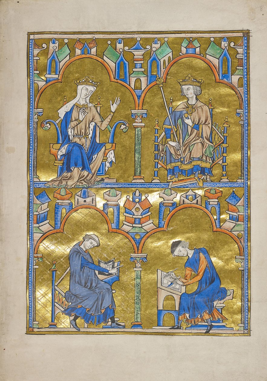 MS M.240 f.8r, Blanche z Kastylii i król Francji Ludwik IX i niżej: Autor dyktuje skrybie, Biblia św. Ludwika (Biblia Moralizowana), prawdopodobnie Paryż autorstwa French School