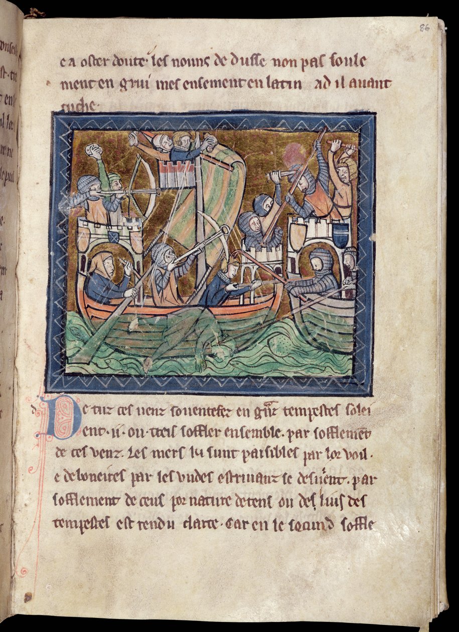 MS Marlay Add 1 f.86 Strona tekstu z iluminacją bitwy morskiej, z De Re Militari, c.1270 autorstwa French School