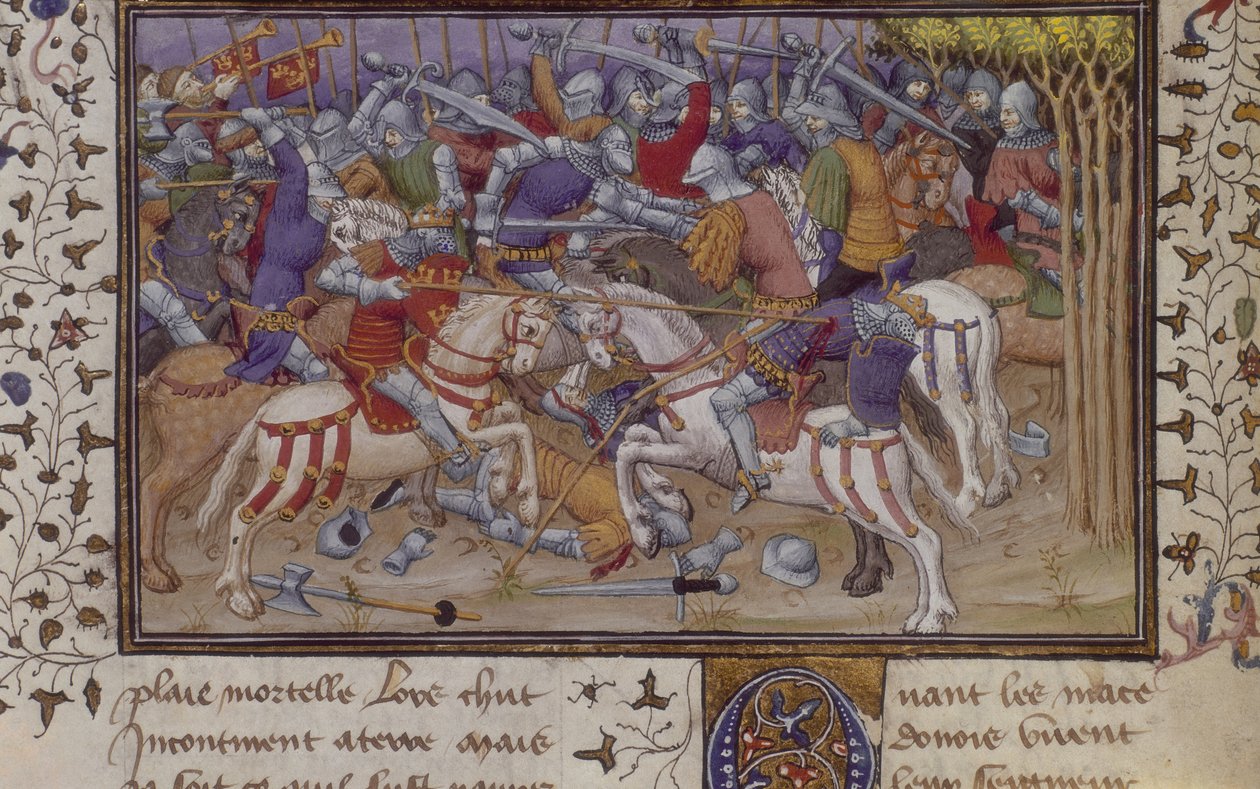 MS Royal 20 B.XX fol.16v Klęska Filipa przez Pauzaniasza z walką rycerzy konnych, z „La Vraye Histoire du Bon Roy Alixandre” Pseudo-Kallisthenesa, początek XV w. (wellum) autorstwa French School